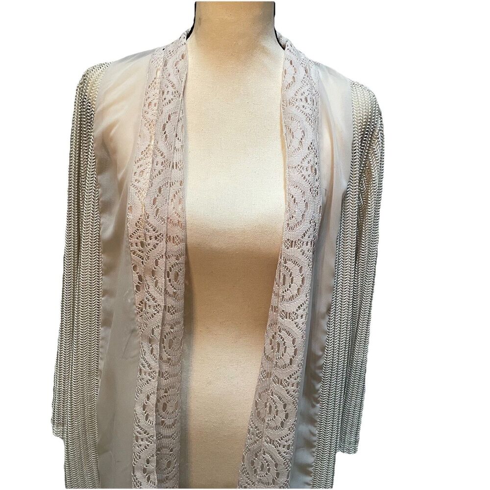 Chicos Travelers Cardigan Jacket Womens 2 L 12 Mixed Lace Open Front Cream Boho